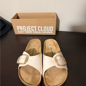 White Slide Sandals with Gold Buckle